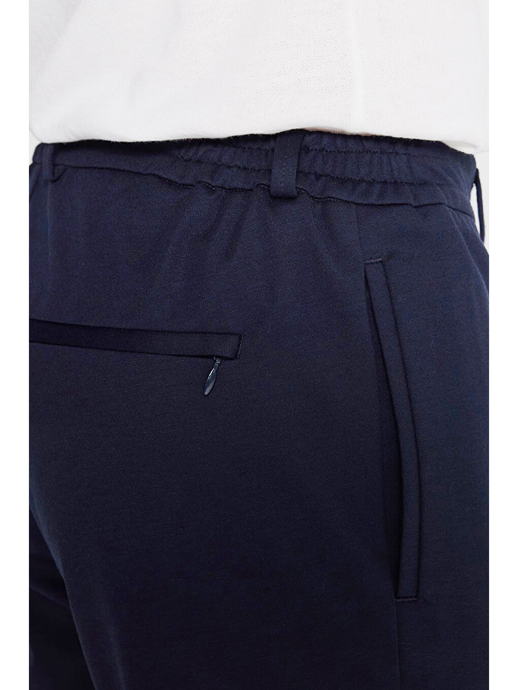 Erkek Lacivert Slim Fit Dar Kesim Beli Bağlamalı Yan Cepli Armürlü Casual Pantolon-4