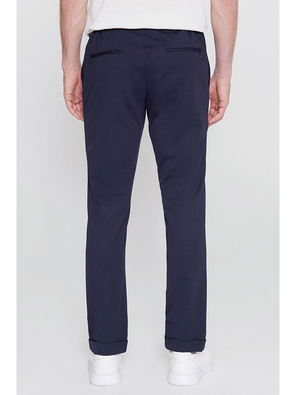 Erkek Lacivert Slim Fit Dar Kesim Beli Bağlamalı Yan Cepli Armürlü Casual Pantolon-5