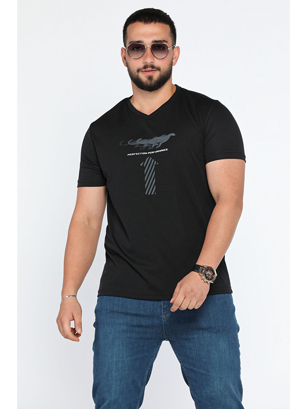 Mishar İtalia Siyah Erkek V Yaka Baskılı T-shirt - 1