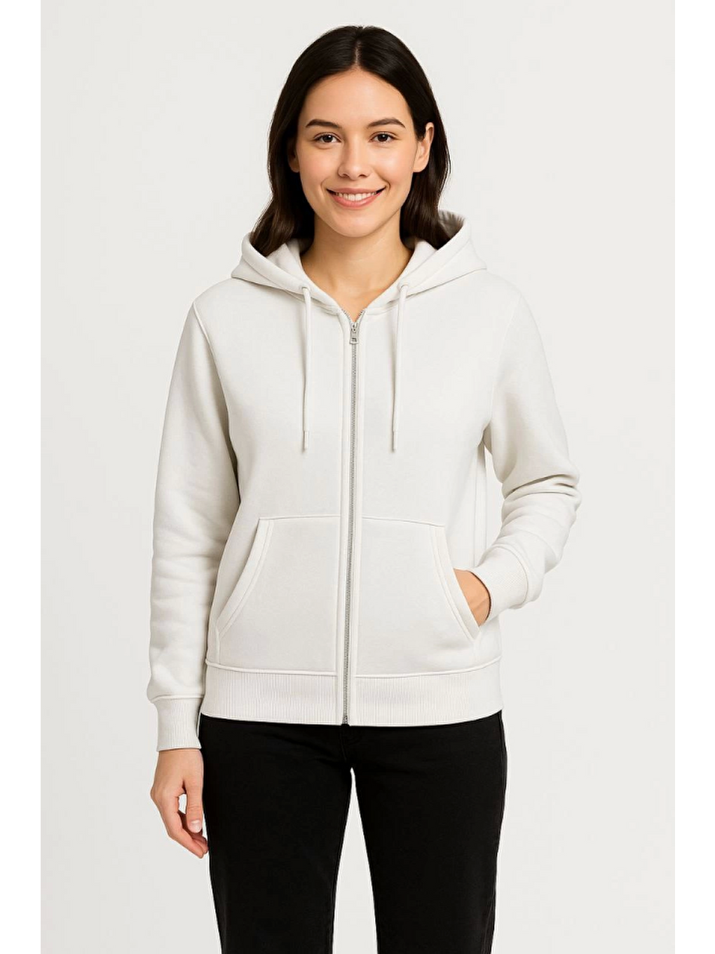 Üç İplik Kapüşonlu Tam Fermuarlı Kanguru Çepli Sweatshirt Hoodie - Beyaz-1