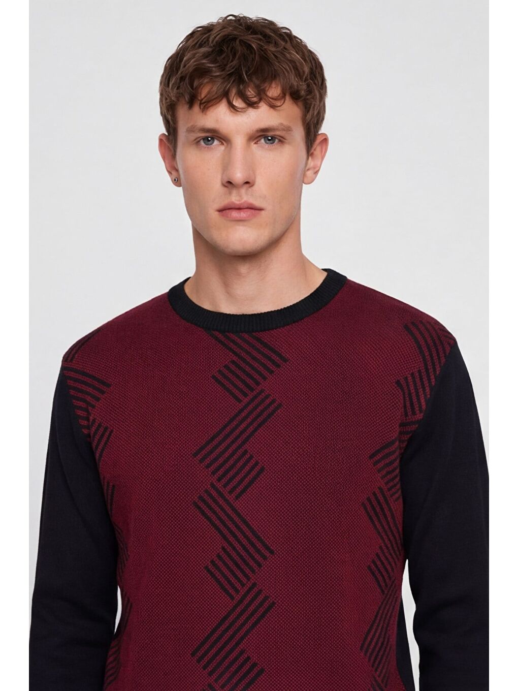 Erkek Bordo Normal Kesim Regular Fit Yünlü Desenli Bisiklet Yaka Triko Kazak-1