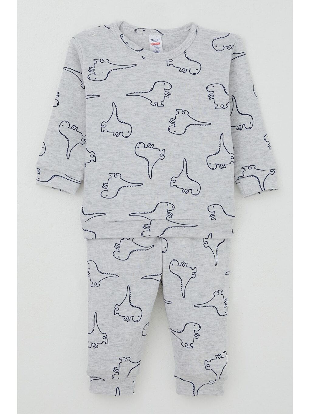 Erkek Bebek Pijama Takımı Omuzdan Patlı Sevimli Dinozor Desenli Açık Gri Melanj (4 Ay-1 Yaş)