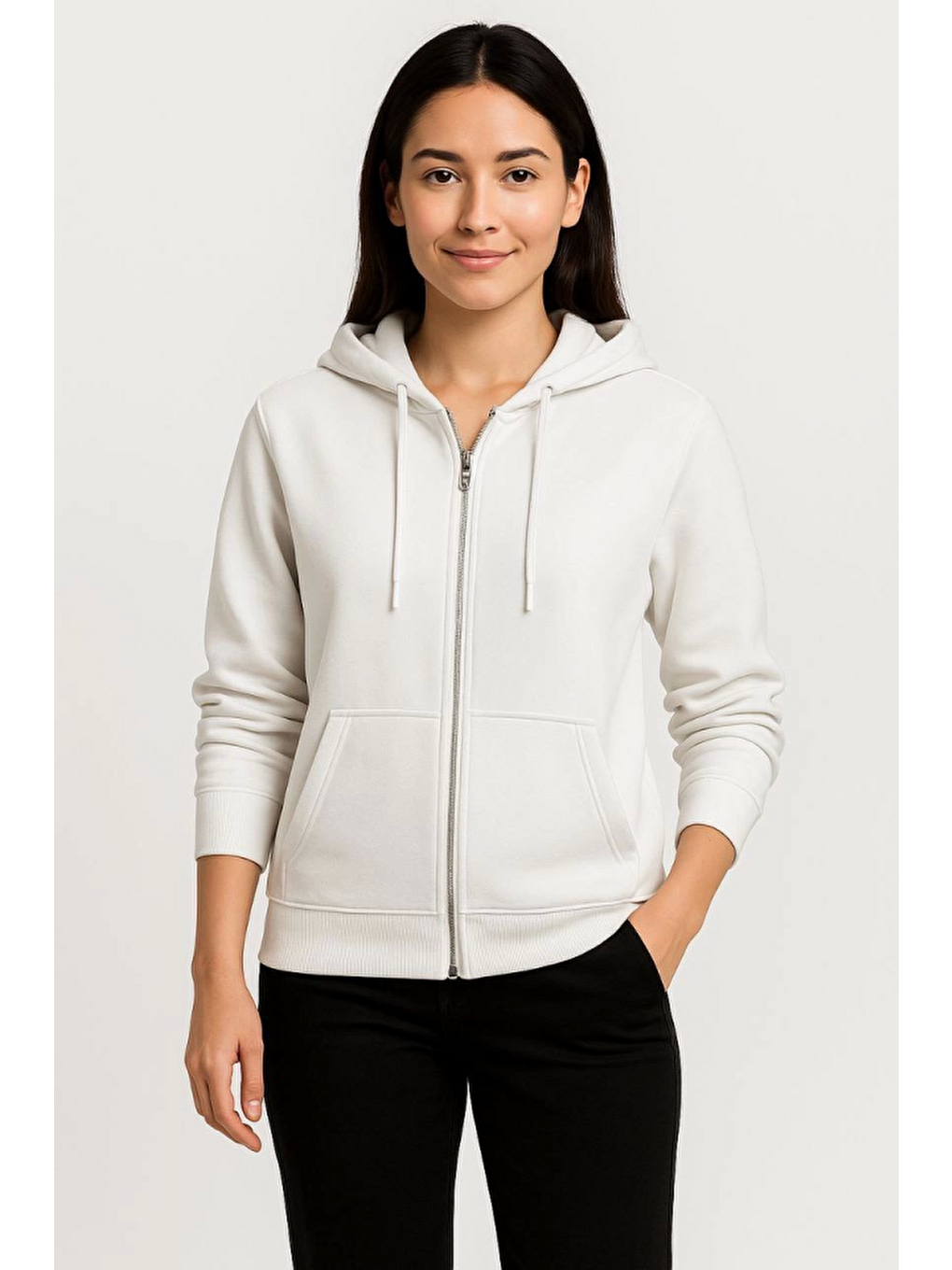 Üç İplik Kapüşonlu Tam Fermuarlı Kanguru Çepli Sweatshirt Hoodie - Beyaz-2