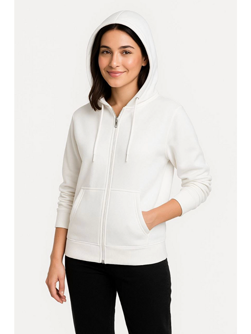 Üç İplik Kapüşonlu Tam Fermuarlı Kanguru Çepli Sweatshirt Hoodie - Beyaz-3