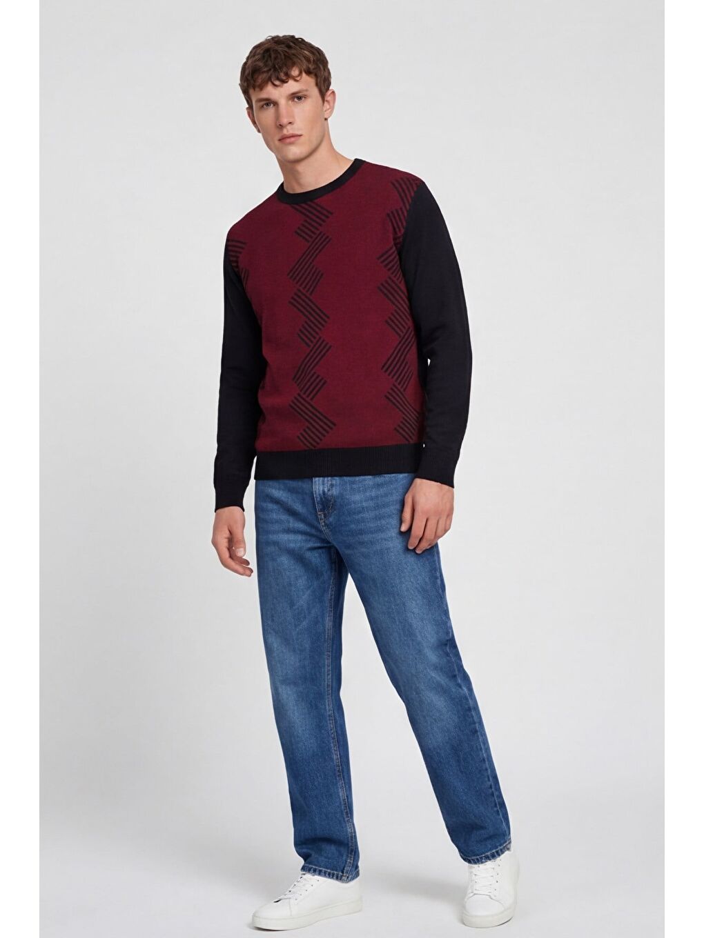 Erkek Bordo Normal Kesim Regular Fit Yünlü Desenli Bisiklet Yaka Triko Kazak-2