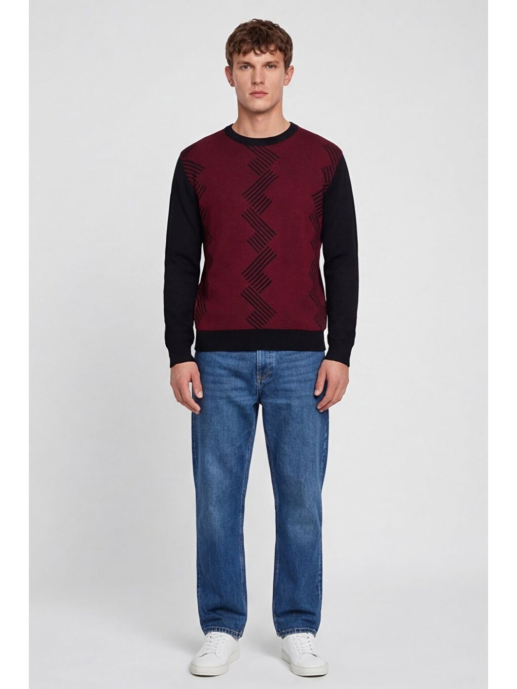 Erkek Bordo Normal Kesim Regular Fit Yünlü Desenli Bisiklet Yaka Triko Kazak-3