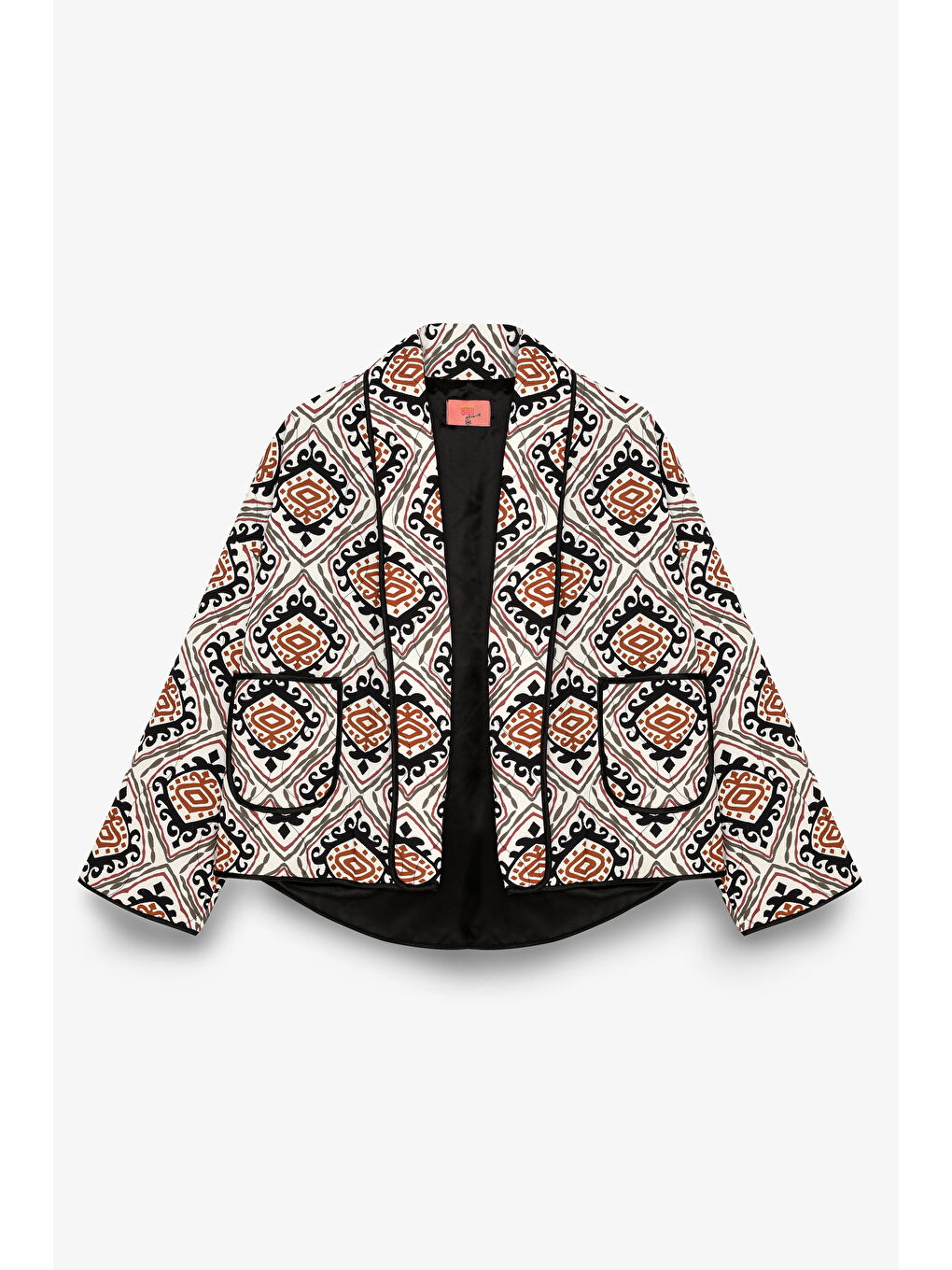 Etnik Desenli Biye Detaylı Kapitone Ceket Ekru