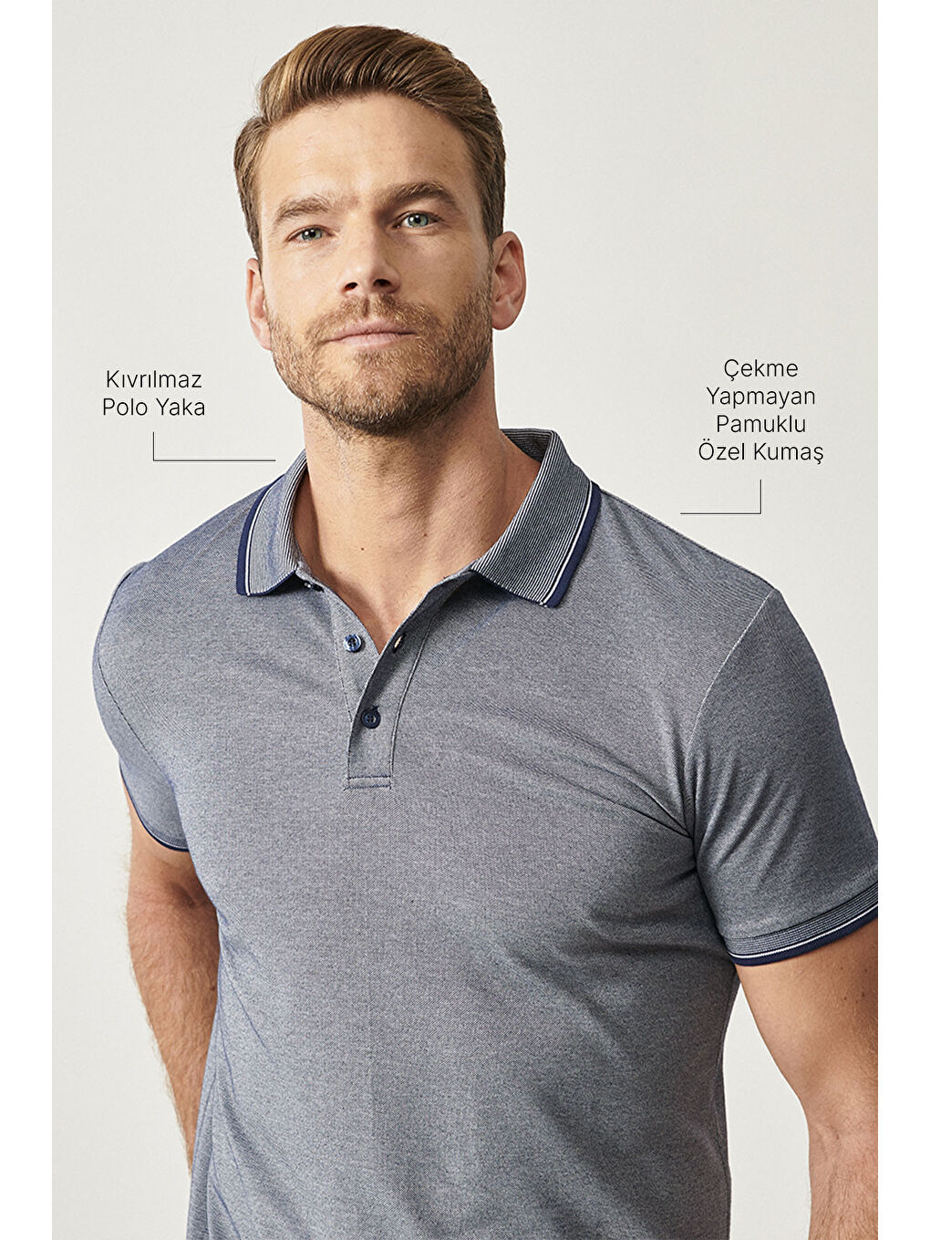 Erkek Lacivert Slim Fit Dar Kesim Kıvrılmaz Polo Yaka Kısa Kollu Tişört