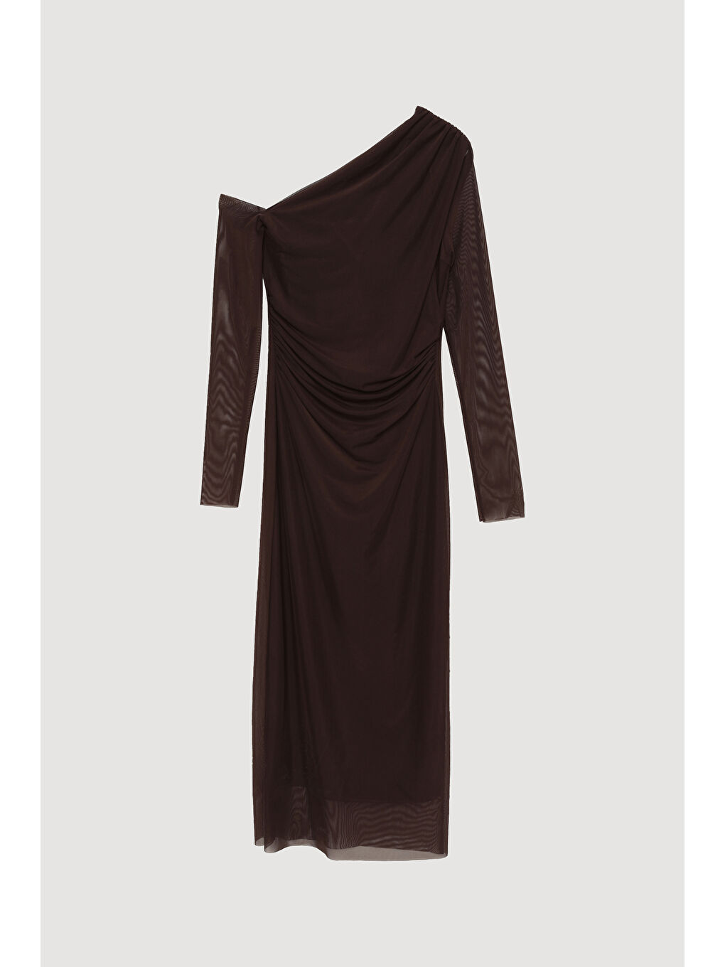 Asimetrik Yaka Tül Midi Elbise Kahverengi