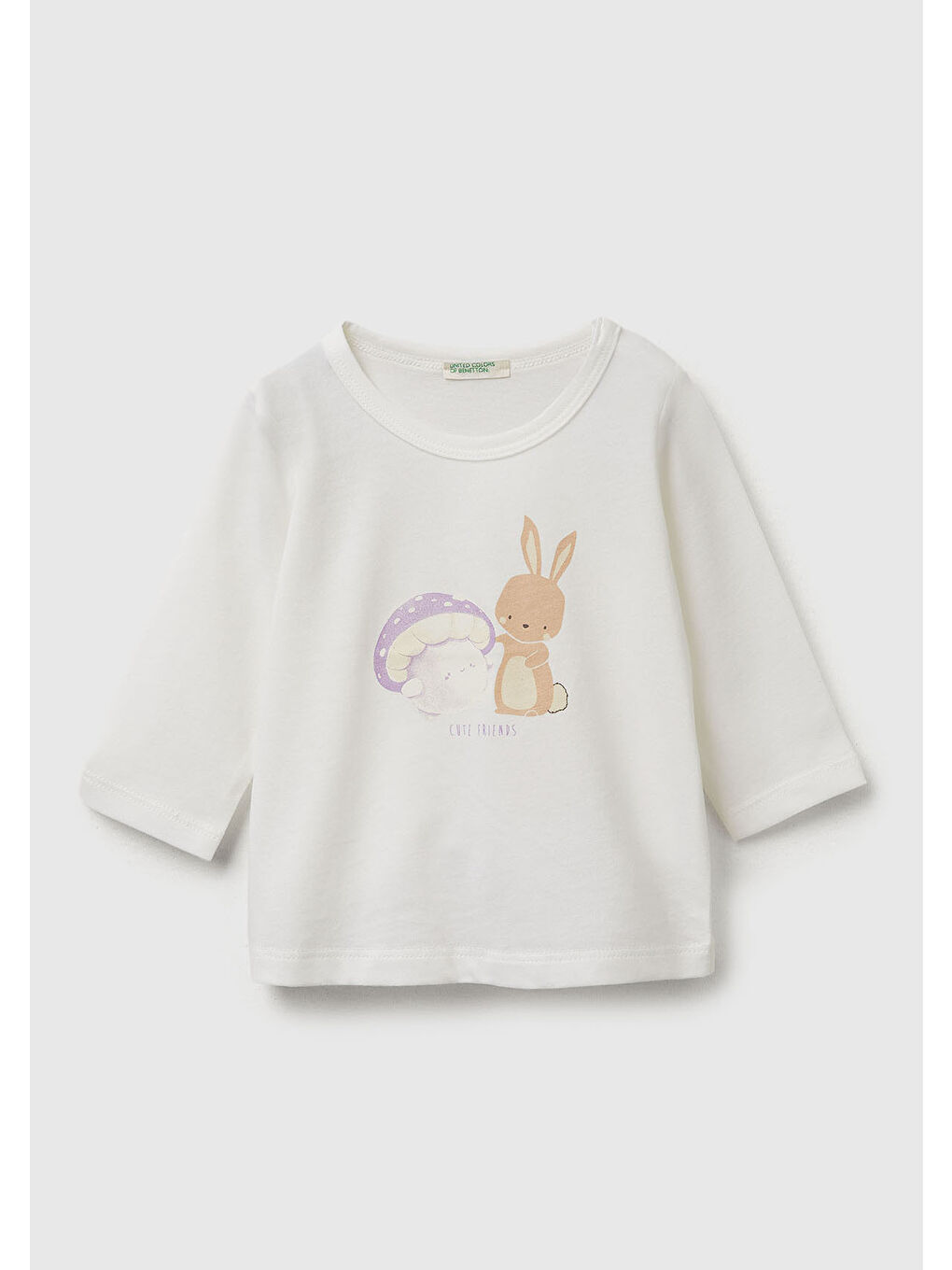 Bebek Beyaz Önü Baskılı Omzu Gizli Düğmeli Uzun Kollu T-shirt