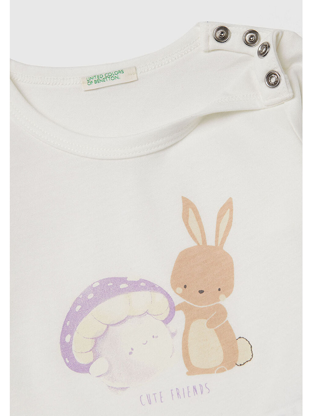 Bebek Beyaz Önü Baskılı Omzu Gizli Düğmeli Uzun Kollu T-shirt-2