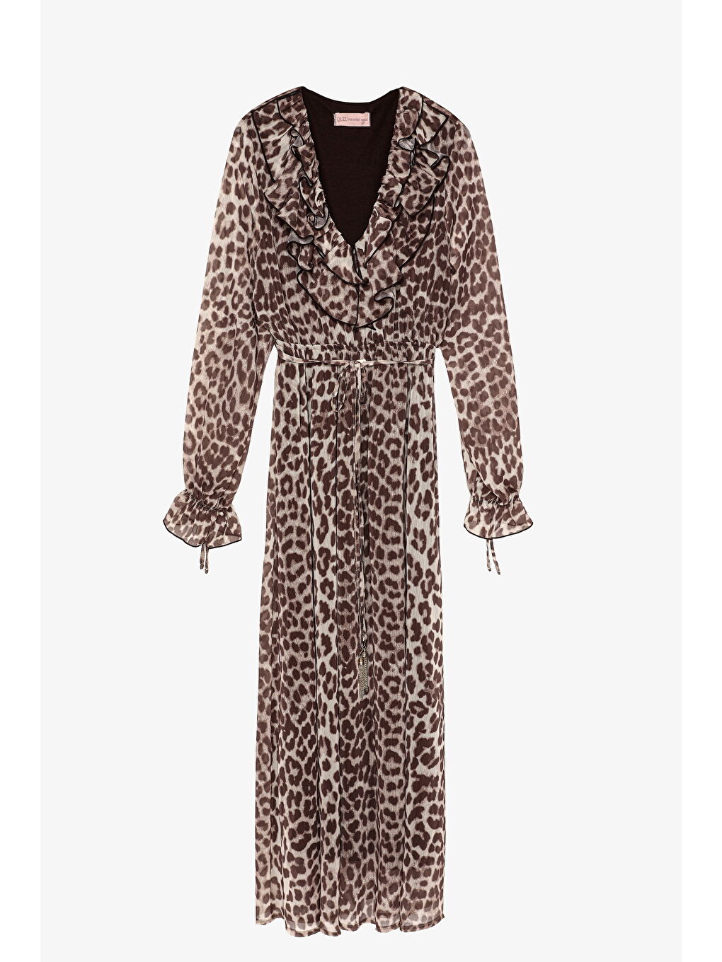 Leopar Desenli Volan Yaka Midi Elbise Bej