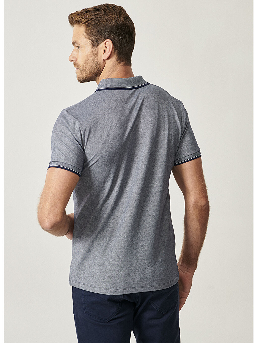 Erkek Lacivert Slim Fit Dar Kesim Kıvrılmaz Polo Yaka Kısa Kollu Tişört-4