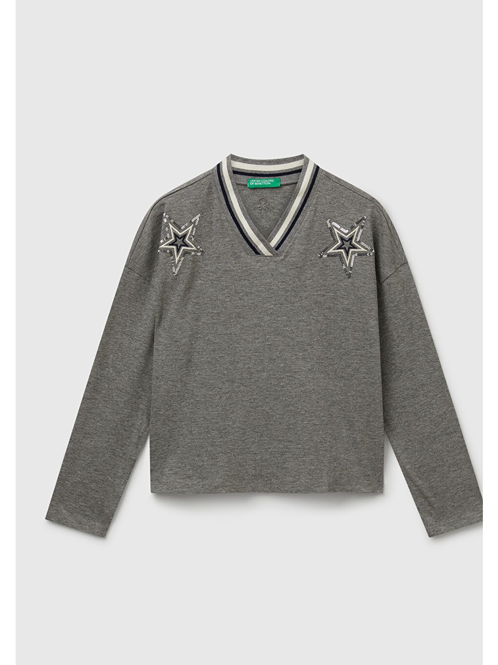 Gri Kız Çocuk Antrasit Melanj Payet İşlemeli Şeritli V Yaka Boxy Fit Uzun Kollu T-shirt