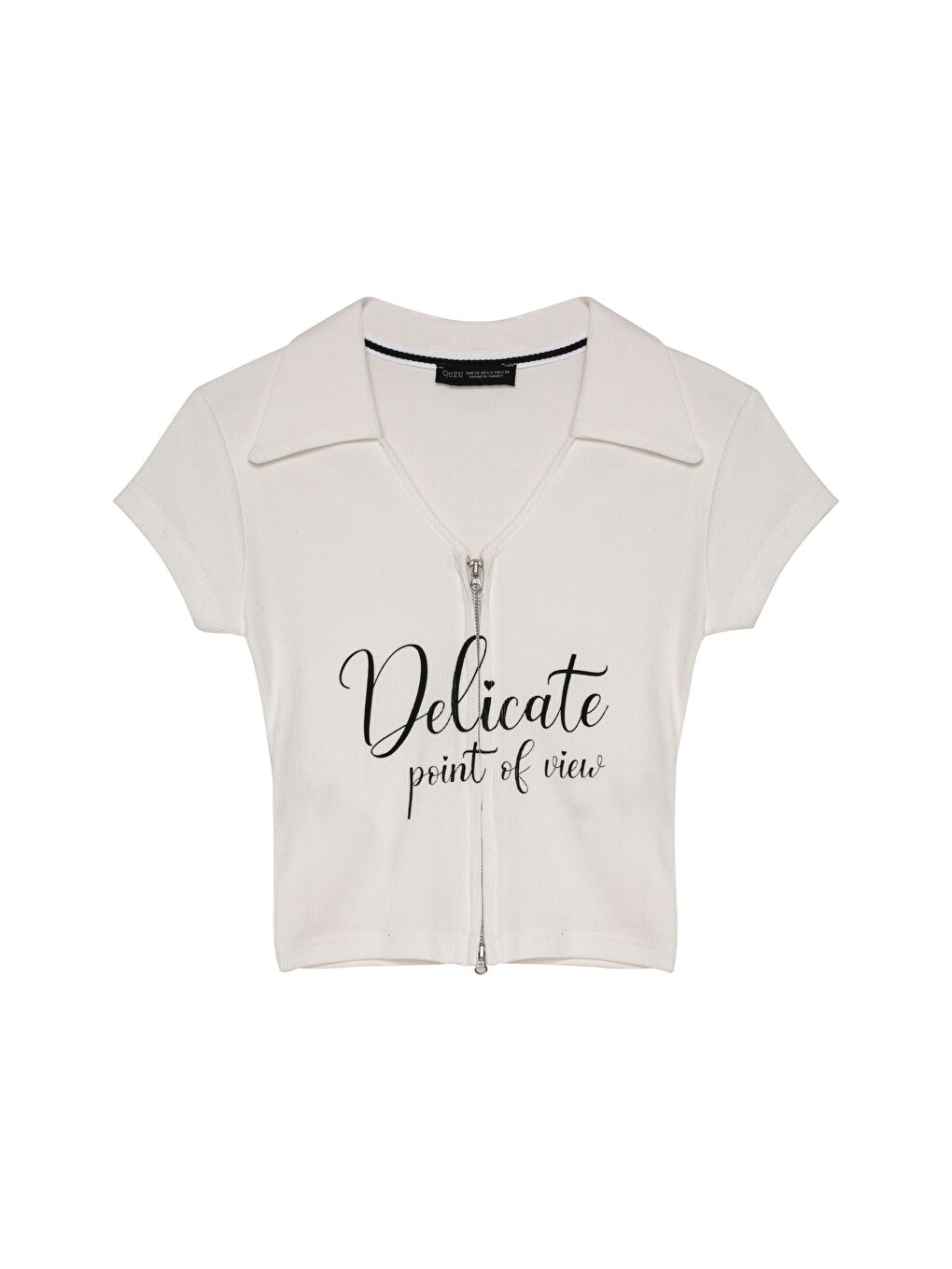 Fermuarlı Baskılı Crop Tişört Ekru