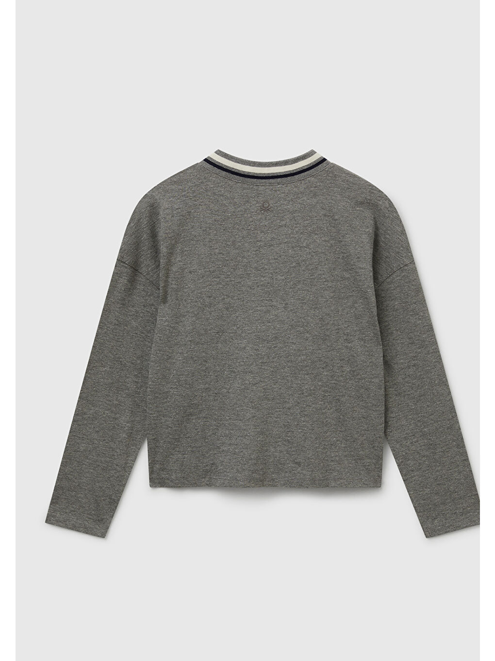 Gri Kız Çocuk Antrasit Melanj Payet İşlemeli Şeritli V Yaka Boxy Fit Uzun Kollu T-shirt-1