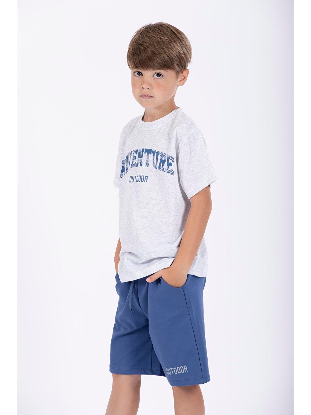 İndigo Bisiklet Yaka Yazı Baskılı Indigo Renk Erkek Çocuk Şortlu Takım-2