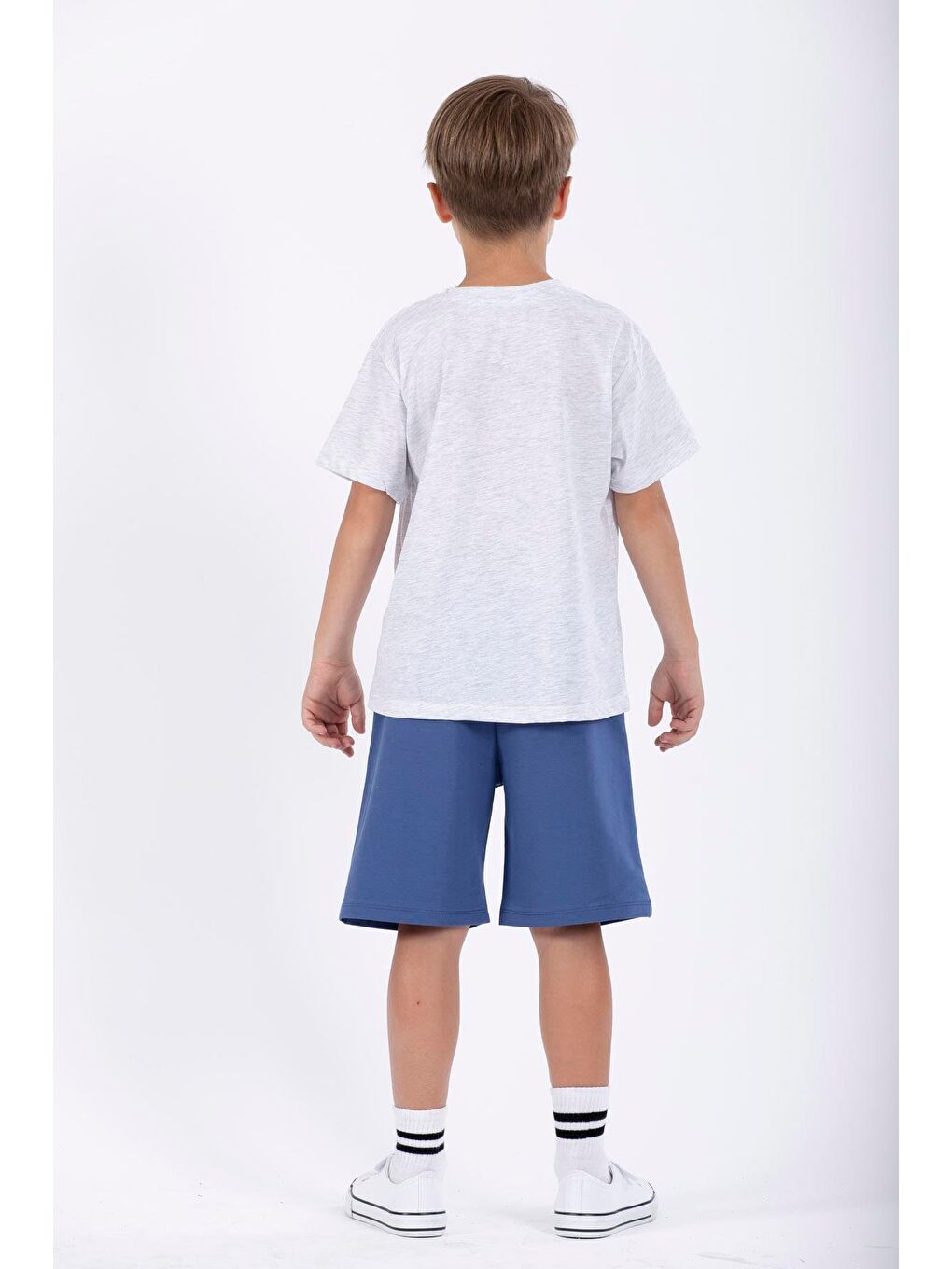 İndigo Bisiklet Yaka Yazı Baskılı Indigo Renk Erkek Çocuk Şortlu Takım-3