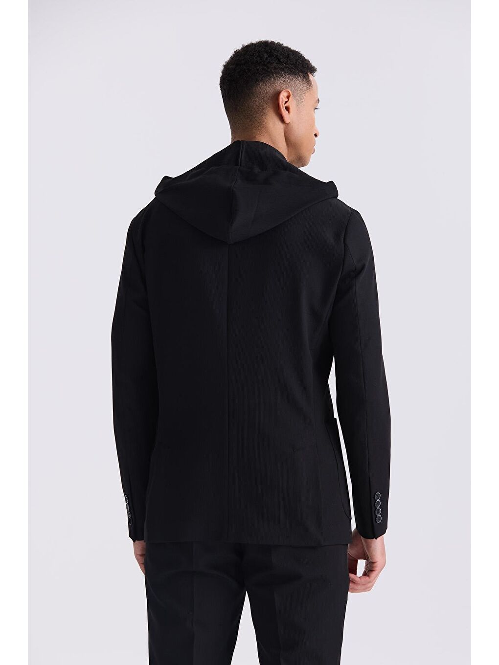 Siyah Slim Fit Mono Yaka Kapüşonlu Spor Takım Elbise-3