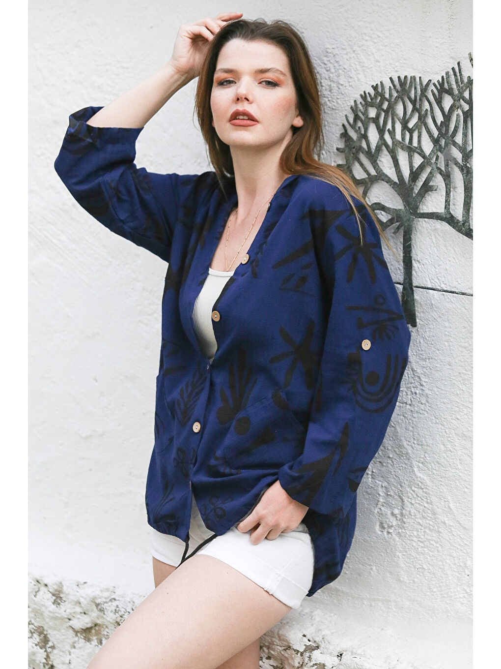 Lacivert Kapüşonlu Düğmeli Uzun Kollu Desenli Cepli Yıkamalı Keten Karışımlı Dokuma Ceket 75 65-2