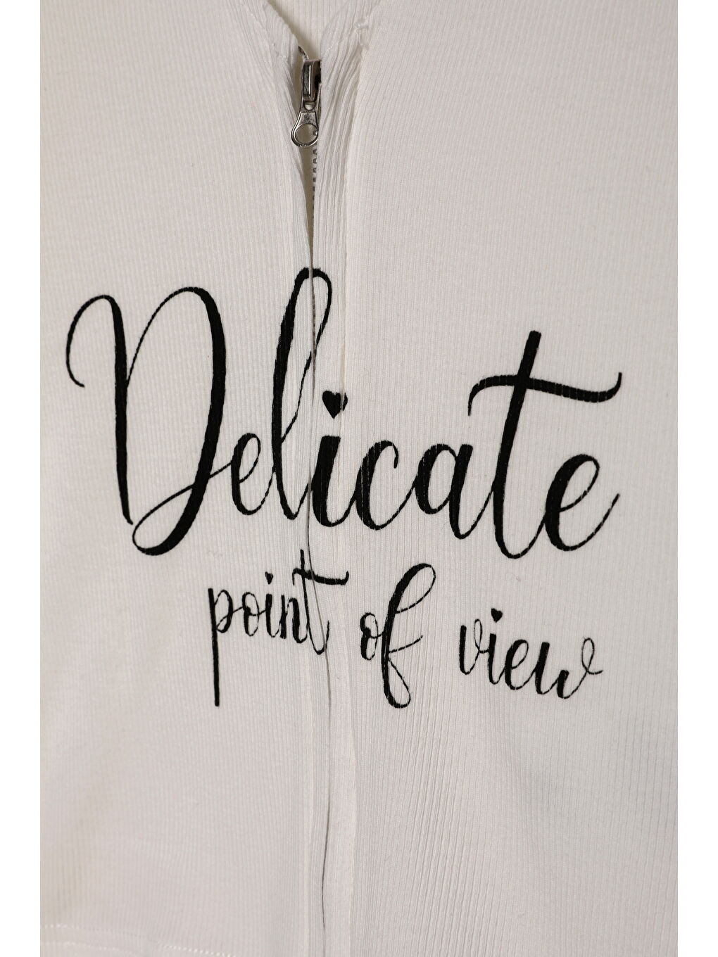 Fermuarlı Baskılı Crop Tişört Ekru-2