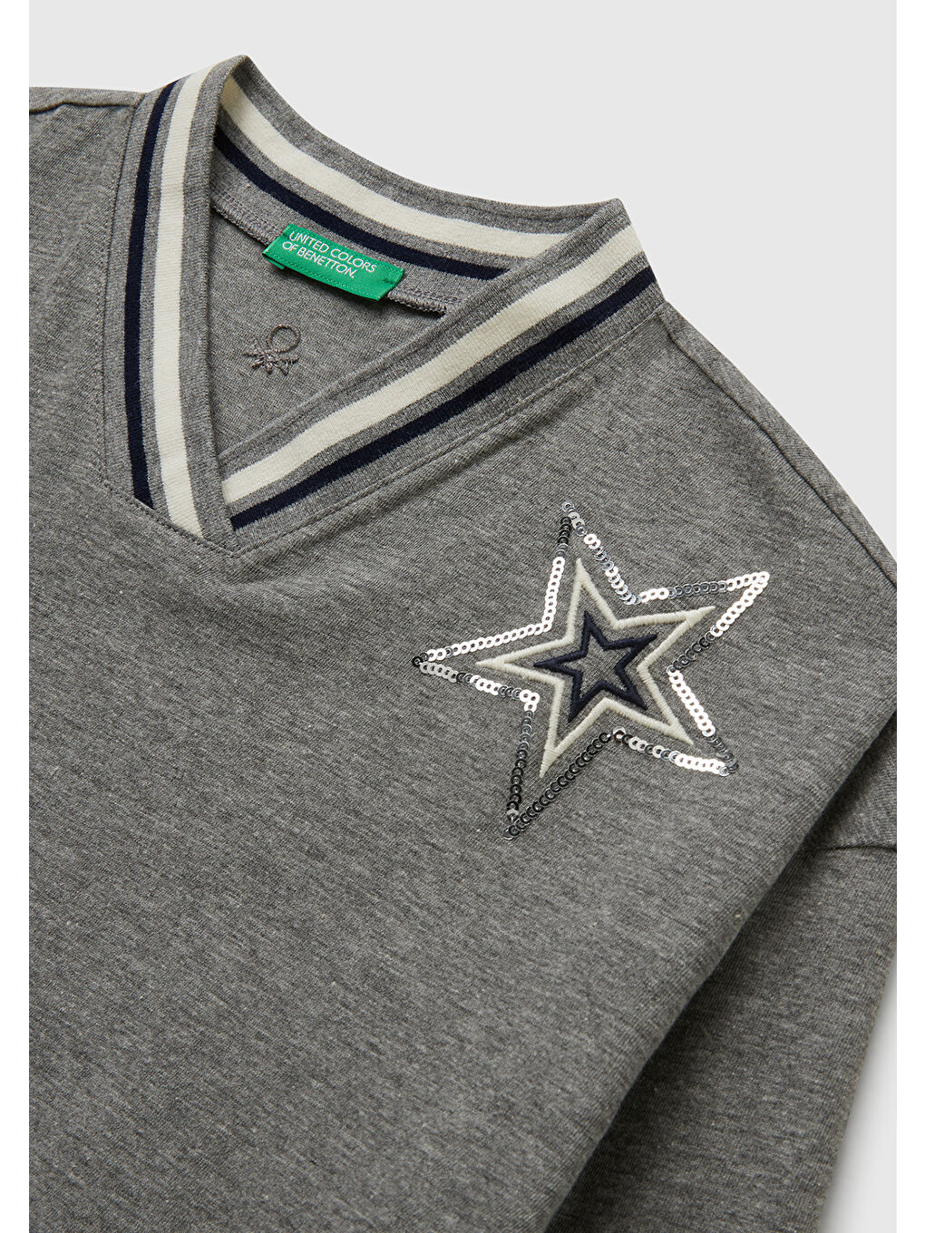 Gri Kız Çocuk Antrasit Melanj Payet İşlemeli Şeritli V Yaka Boxy Fit Uzun Kollu T-shirt-2