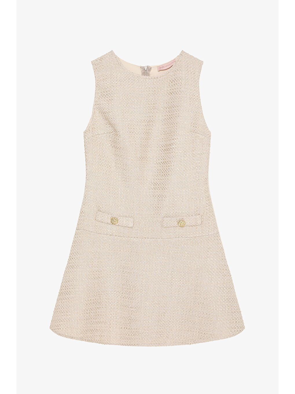 Bej Cep Detaylı Yuvarlak Yaka Tüvit Mini Elbise Taş