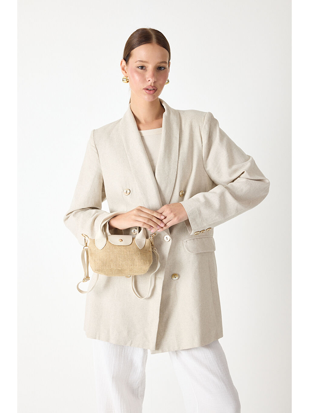 Ekru Kadın Krem Mini Boy Askılı Hasır El ve Çapraz Çanta-1