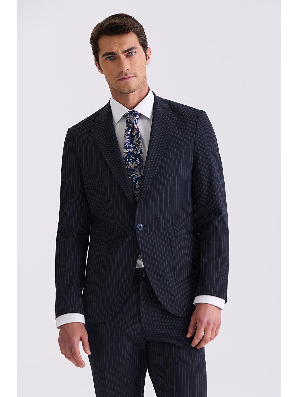 Lacivert Slim Fit Sivri Yaka Strech Çizgili Jogger Takım Elbise-1