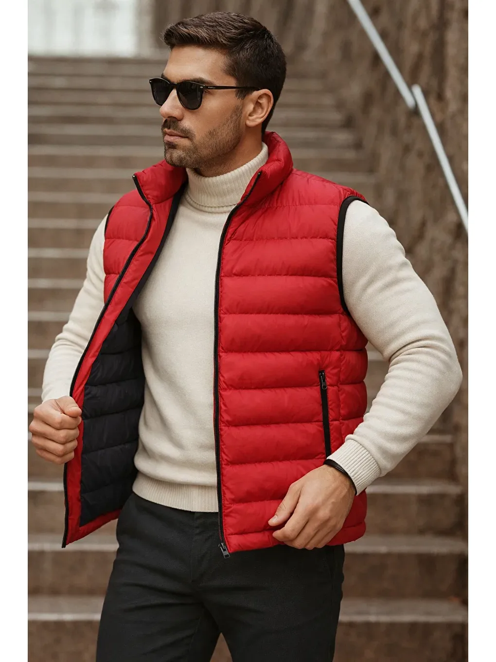 Erkek Cepli Kışlık Fermuarlı Basic Kırmızı Şişme Yelek-1