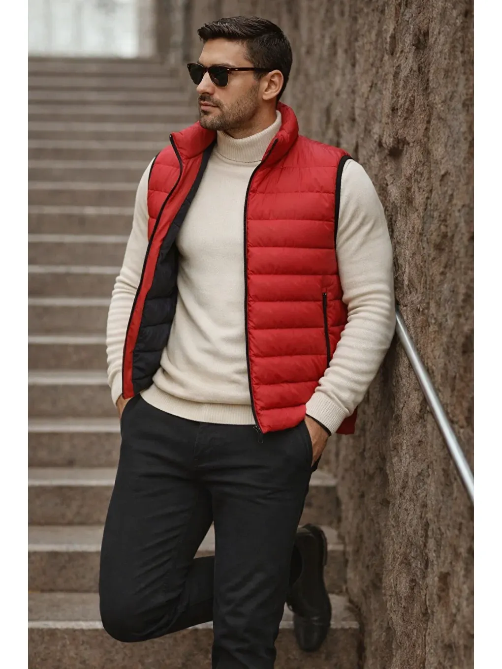 Erkek Cepli Kışlık Fermuarlı Basic Kırmızı Şişme Yelek-2