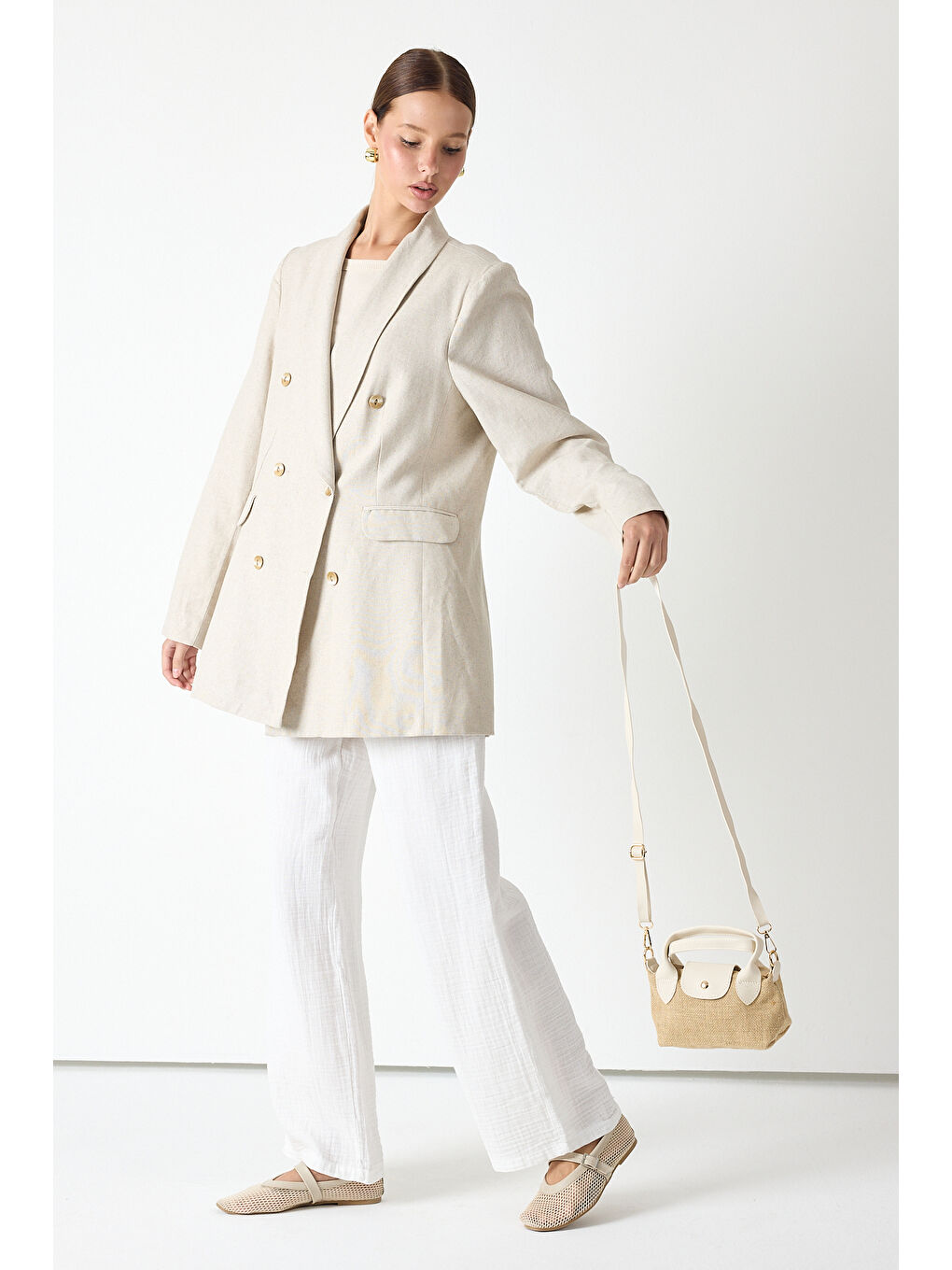 Ekru Kadın Krem Mini Boy Askılı Hasır El ve Çapraz Çanta-2