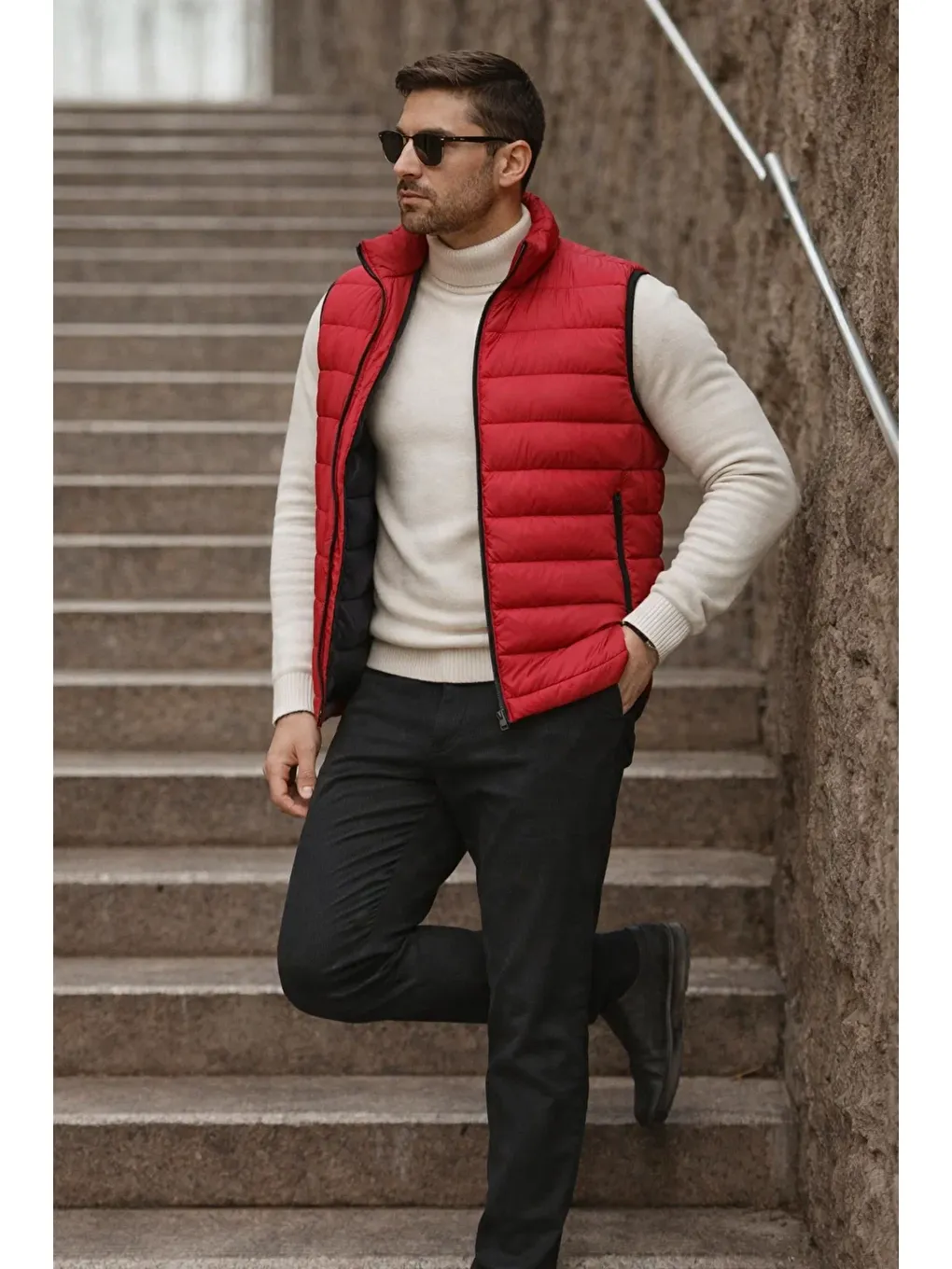 Erkek Cepli Kışlık Fermuarlı Basic Kırmızı Şişme Yelek-3