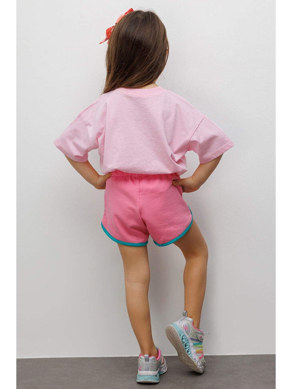 Pembe Mottolu Figürlü Çocuk Tişört Şort İkili Takım - Lole-2