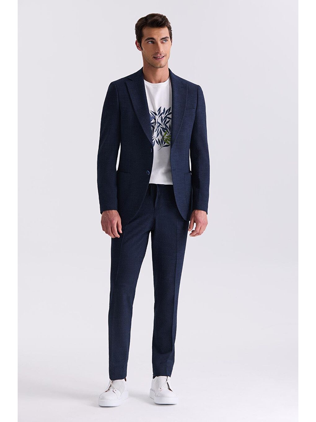 Lacivert Slim Fit Mono Yaka Desenli Spor Takım Elbise