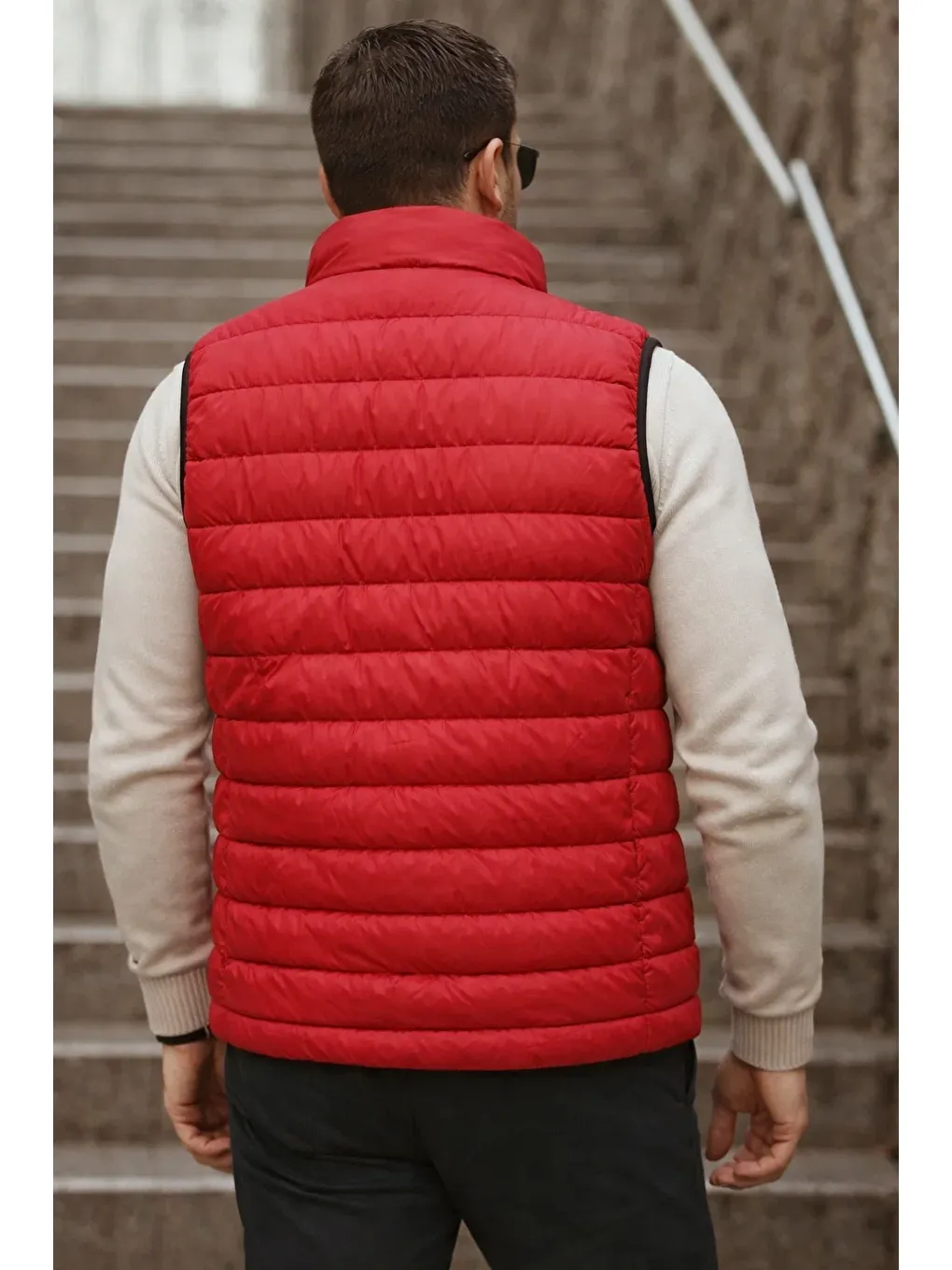 Erkek Cepli Kışlık Fermuarlı Basic Kırmızı Şişme Yelek-4