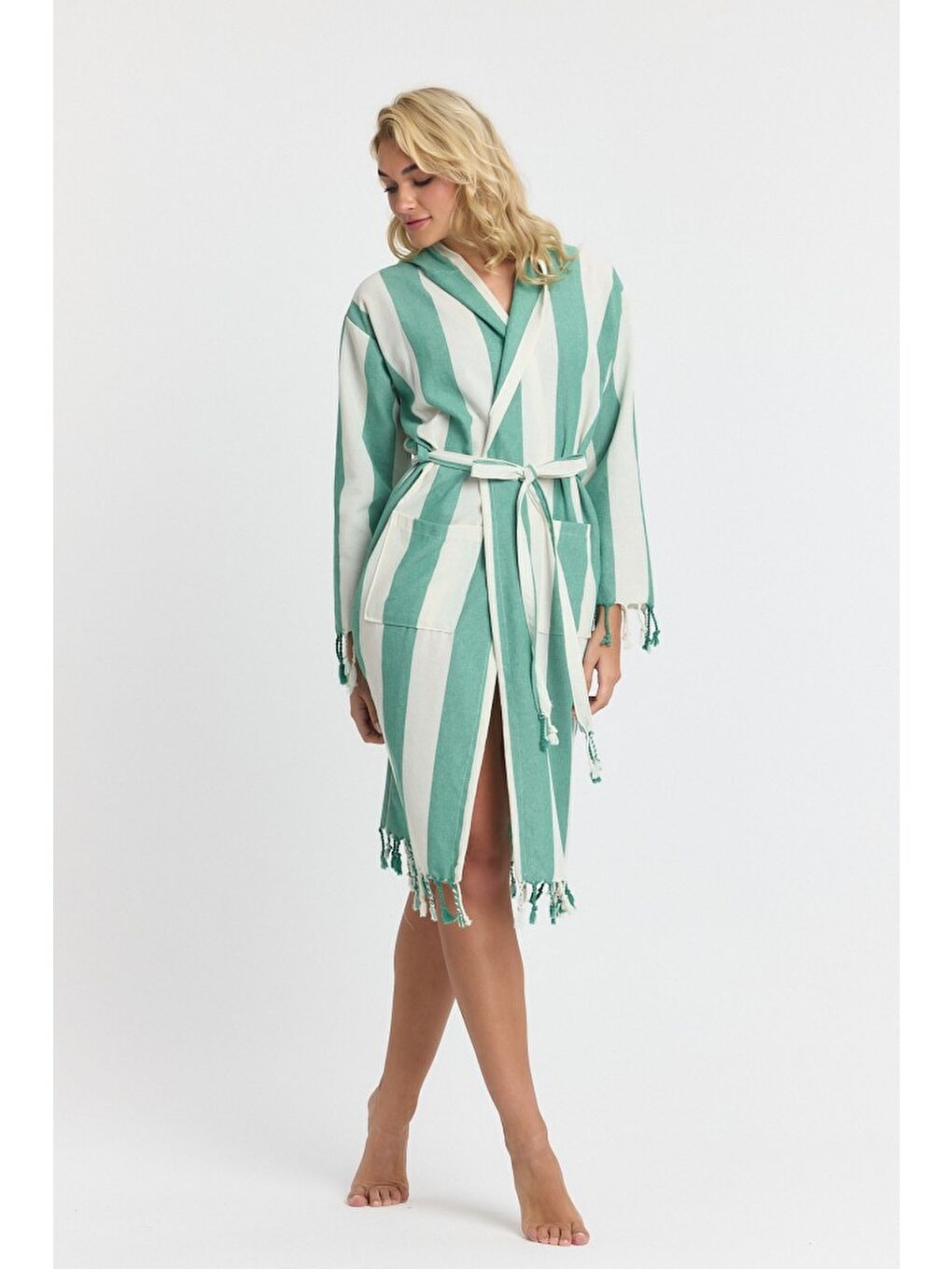Yeşil Striped Peştemal Bornoz Banyo ve Plaj Elbisesi-3