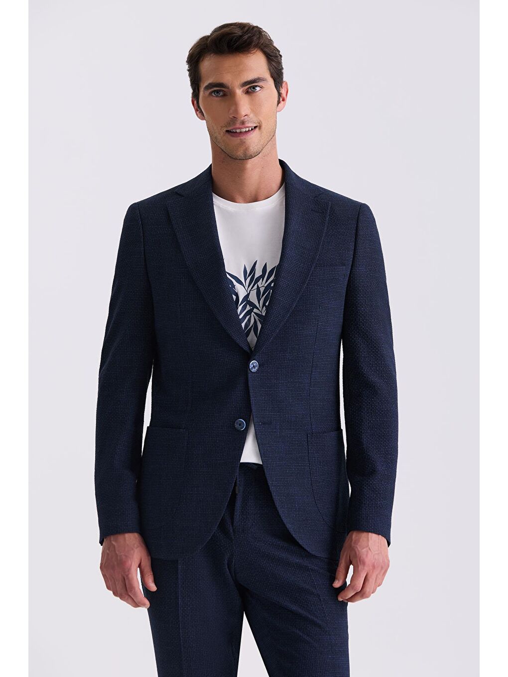 Lacivert Slim Fit Mono Yaka Desenli Spor Takım Elbise-1