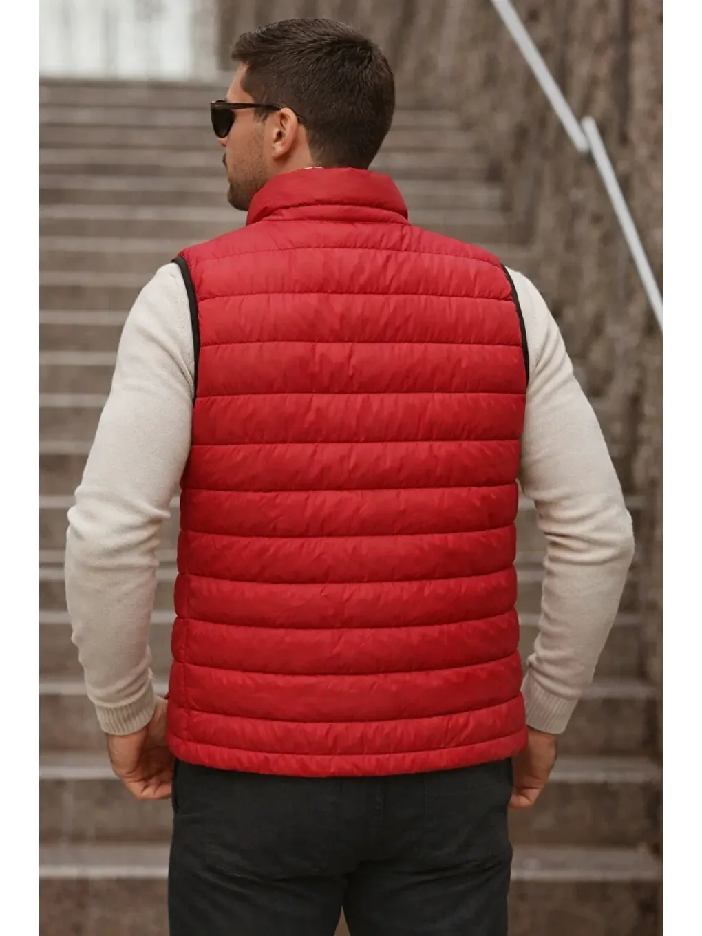 Erkek Cepli Kışlık Fermuarlı Basic Kırmızı Şişme Yelek-5