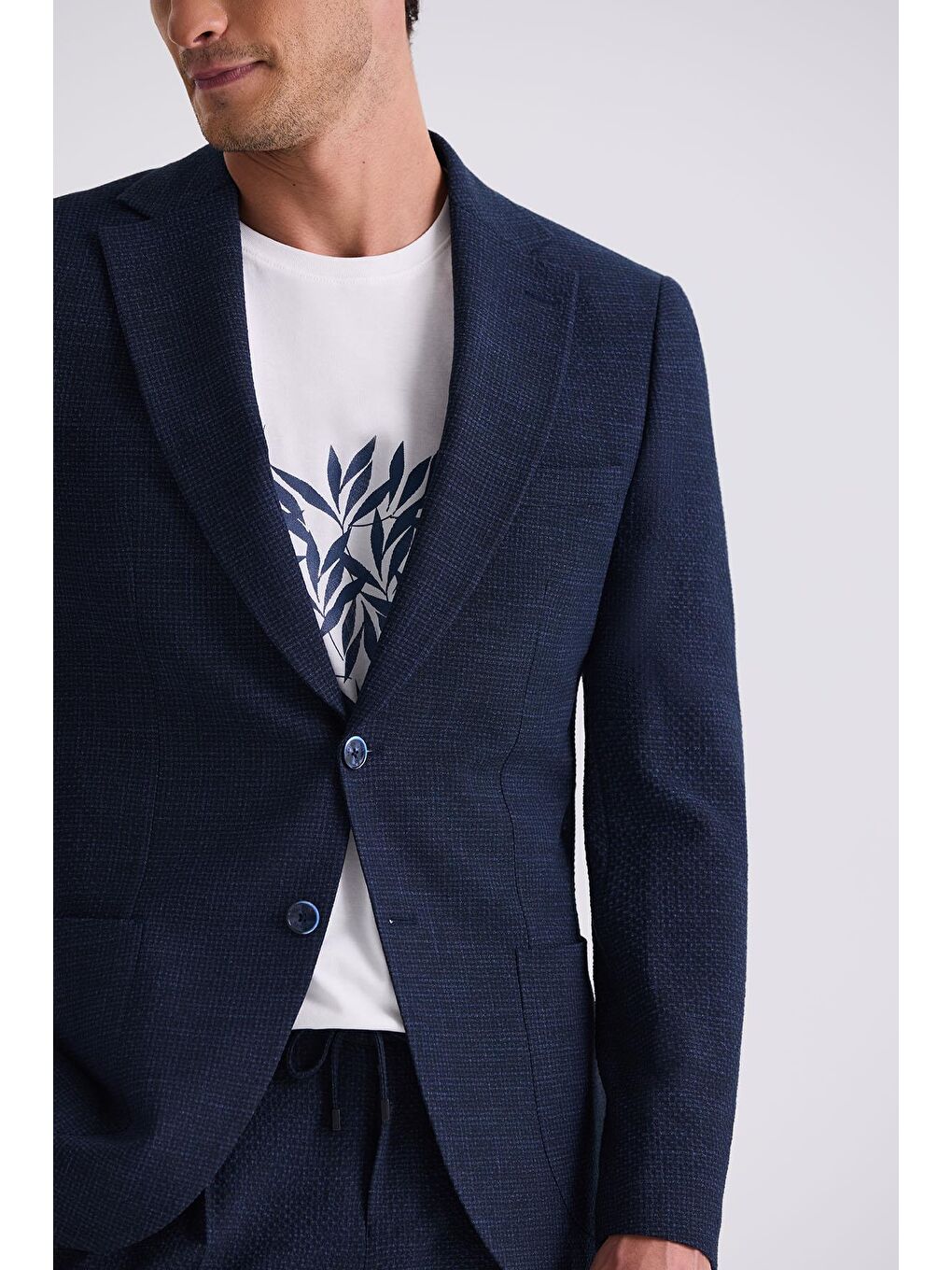 Lacivert Slim Fit Mono Yaka Desenli Spor Takım Elbise-2