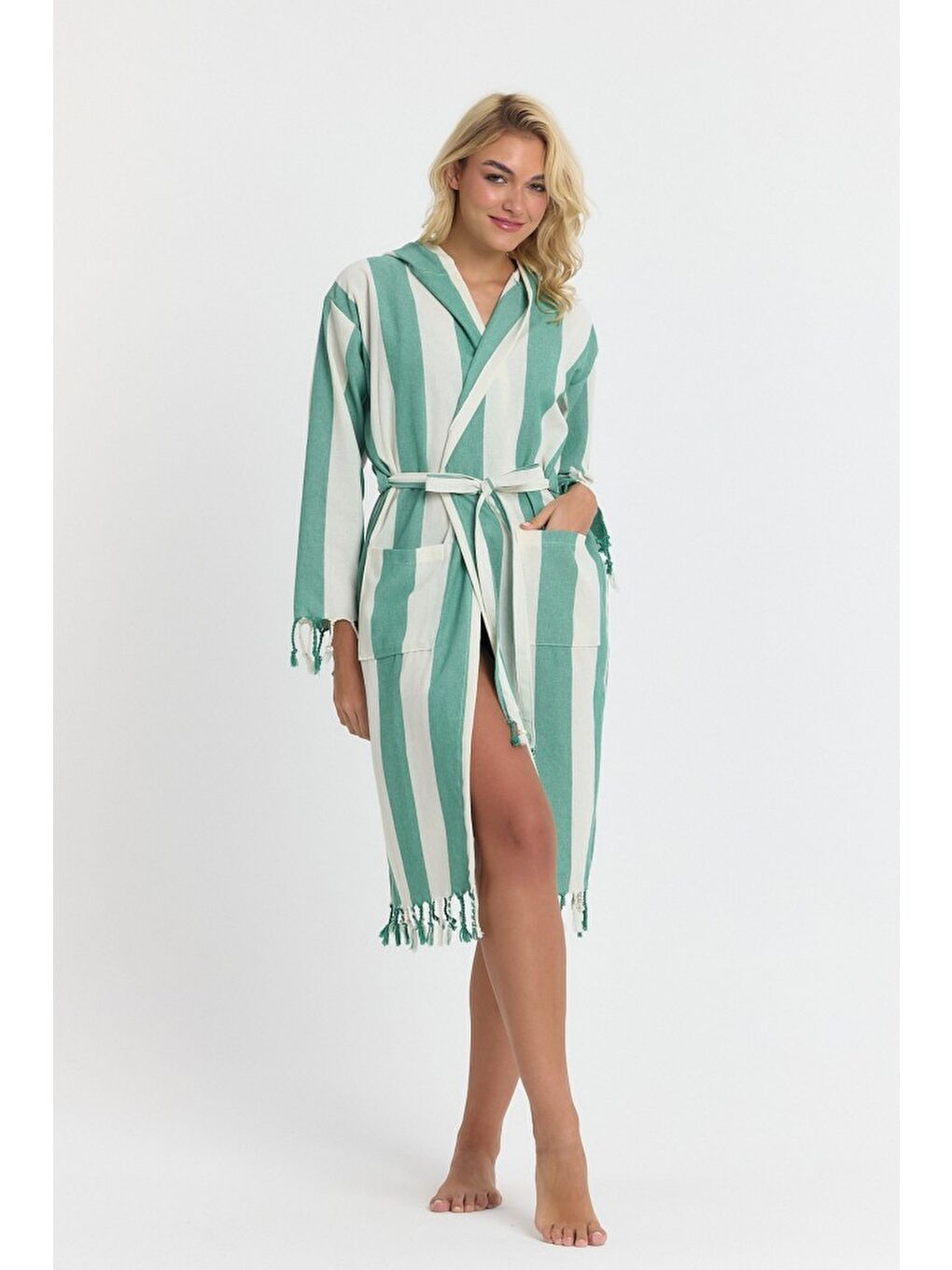 Yeşil Striped Peştemal Bornoz Banyo ve Plaj Elbisesi-5