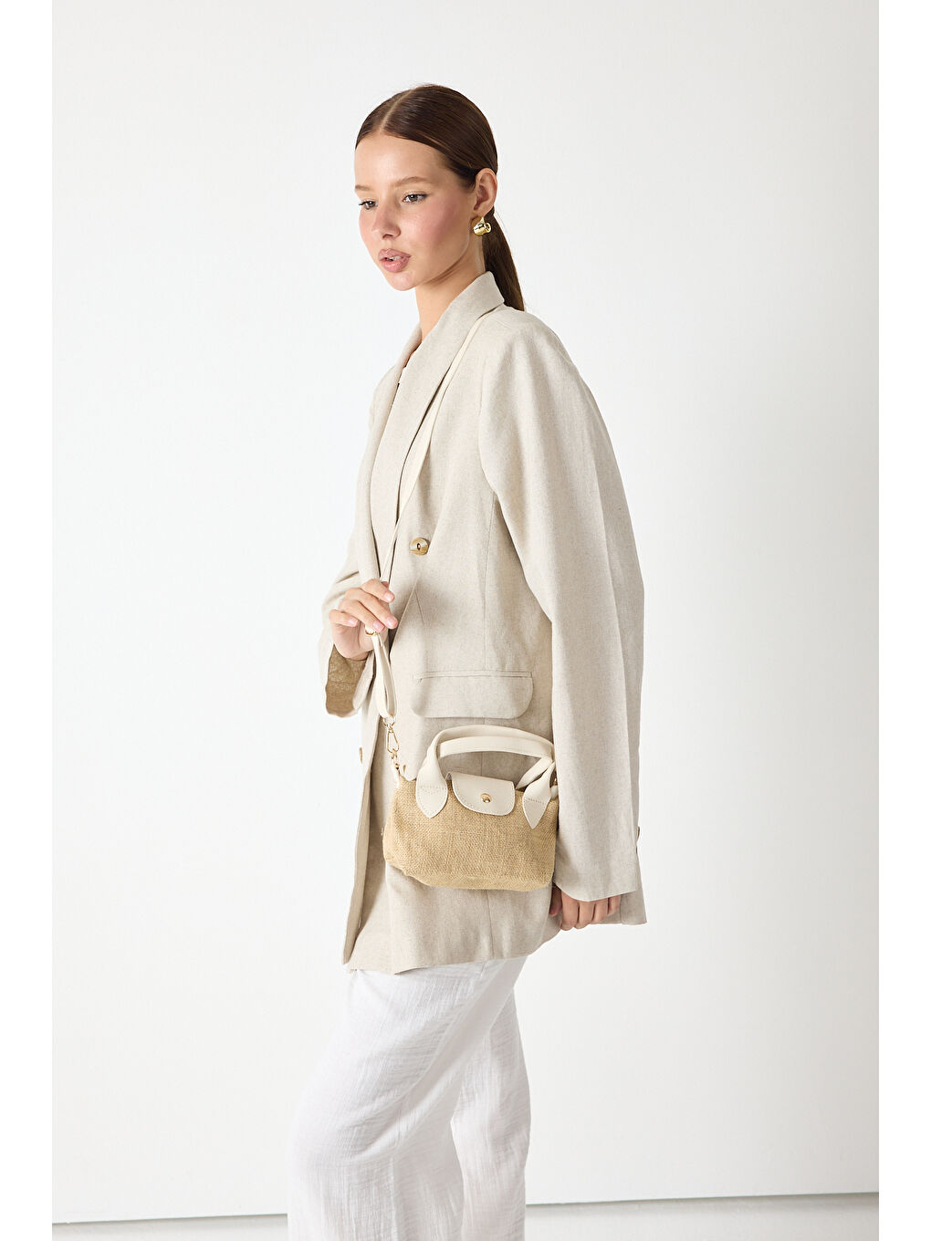 Ekru Kadın Krem Mini Boy Askılı Hasır El ve Çapraz Çanta-3