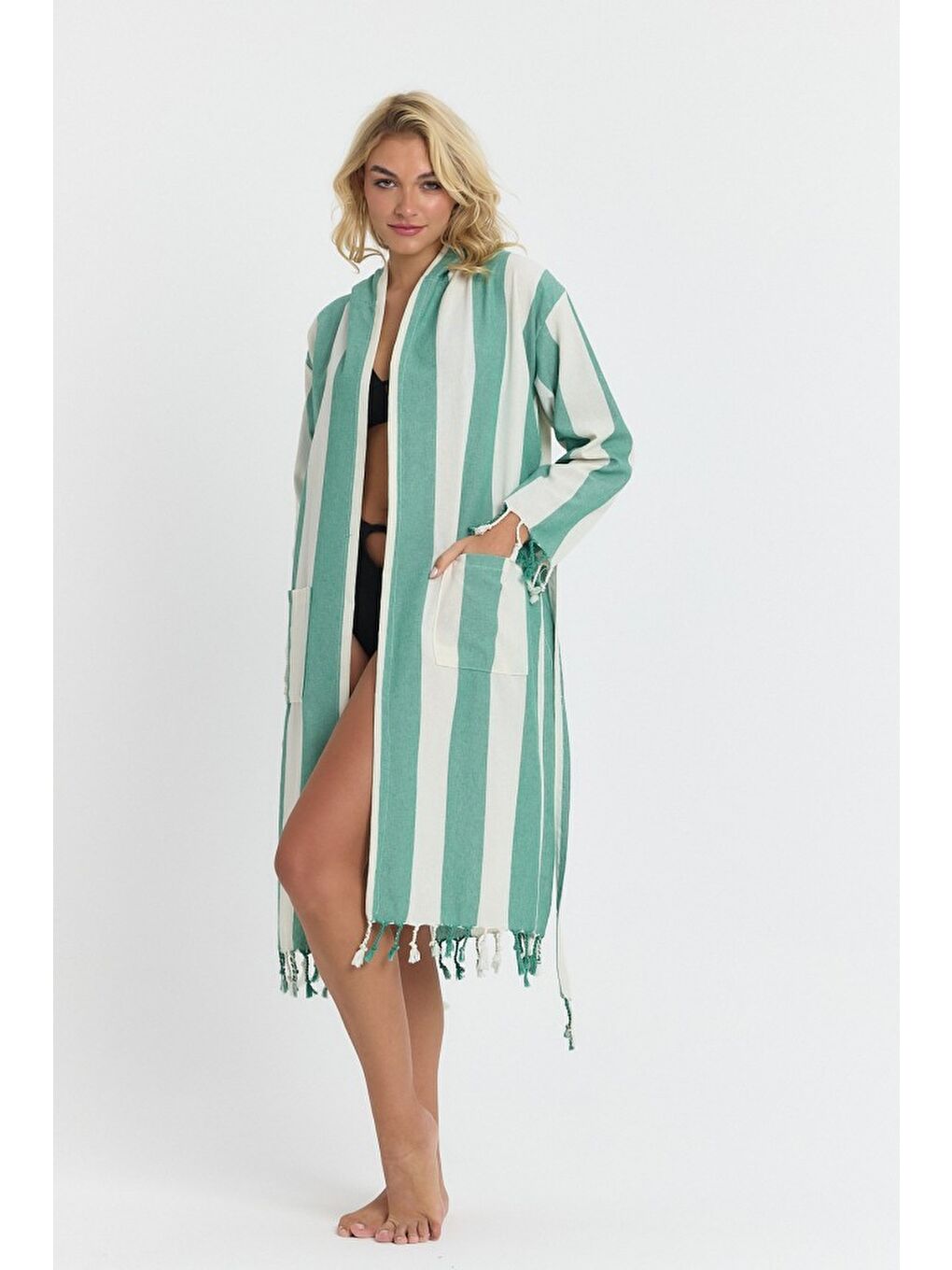 Yeşil Striped Peştemal Bornoz Banyo ve Plaj Elbisesi-6