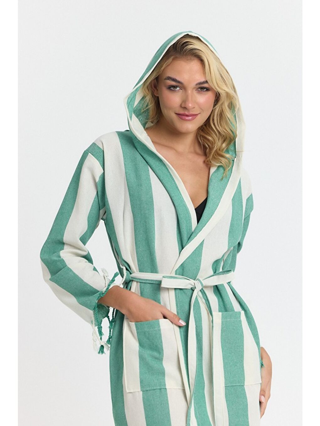 Yeşil Striped Peştemal Bornoz Banyo ve Plaj Elbisesi-7