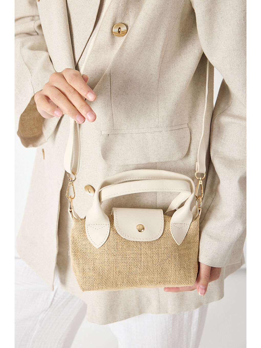 Ekru Kadın Krem Mini Boy Askılı Hasır El ve Çapraz Çanta-4