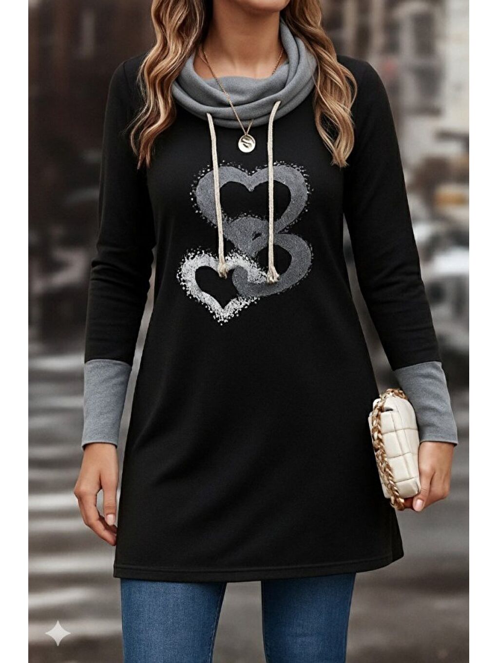 Siyah Kadın Uzun Kollu Balıkçı Yaka Bağcıklı Iki Iplik Elbise-2