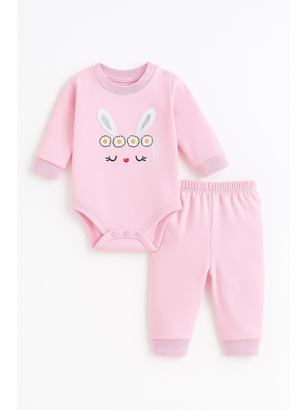 Pembe Kız Bebek Kapüşonlu Tavşan Kulaklı Çizgili Tavşan Baskılı 3 Parça Zıbınlı Şirin Kız Bebek Takım-2