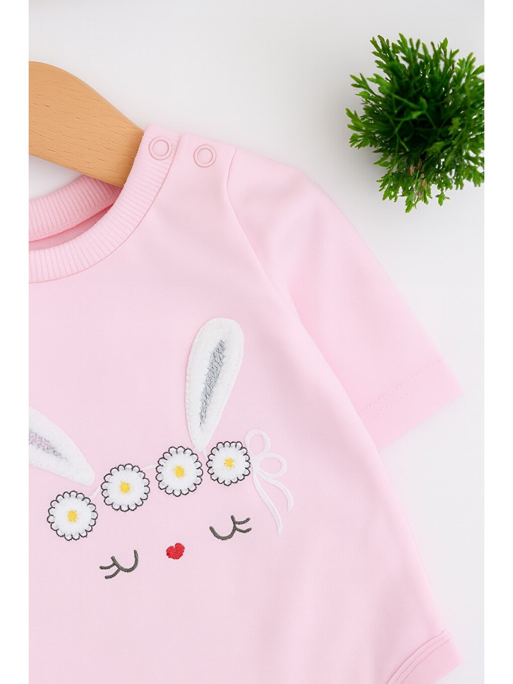 Pembe Kız Bebek Kapüşonlu Tavşan Kulaklı Çizgili Tavşan Baskılı 3 Parça Zıbınlı Şirin Kız Bebek Takım-4