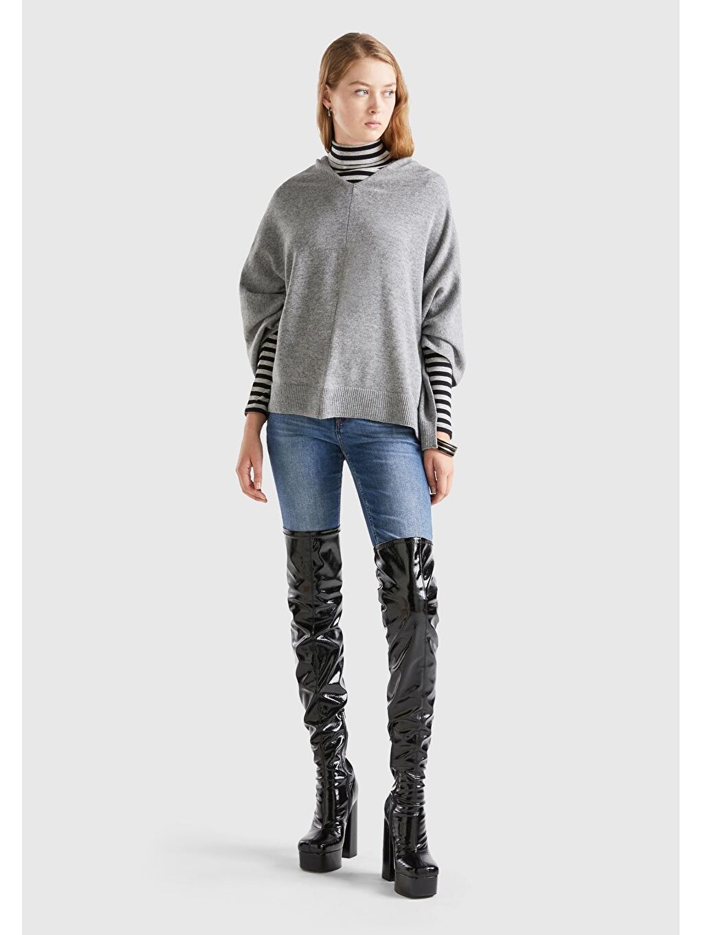 Kadın Gri Kaşmir Karışımlı Panço-4