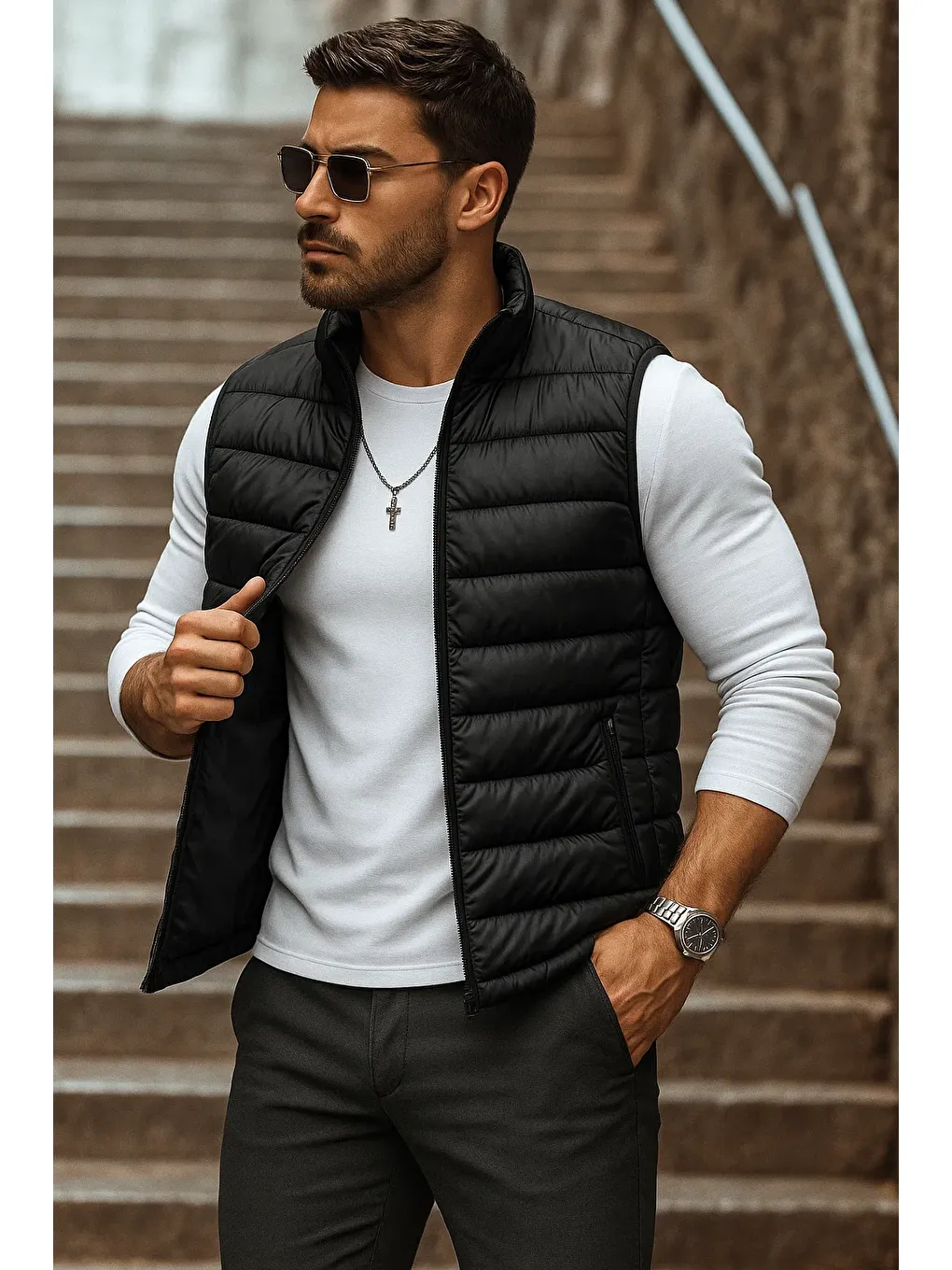 Erkek Cepli Kışlık Fermuarlı Basic Siyah Şişme Yelek-1